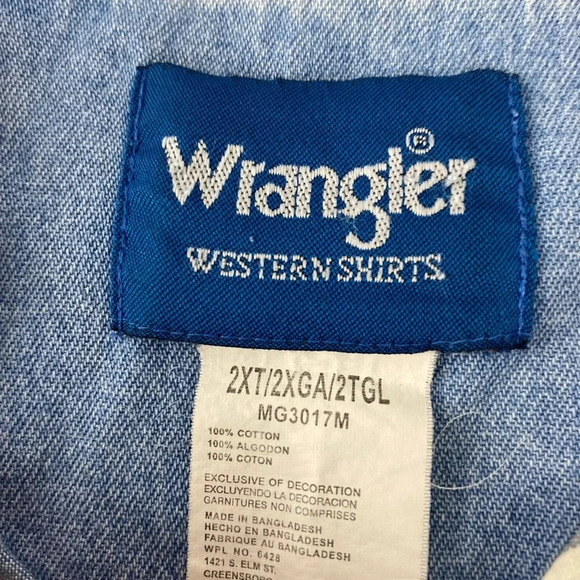 Wrangler Mens 2X Blue White Plaid Denim Pearl Snap Button Down Short Sleeve - Picture 4 of 6